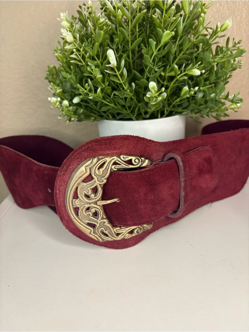 Wide Suede genuine leather Belt with Ornate Gold Buckle - BurgundyL/M